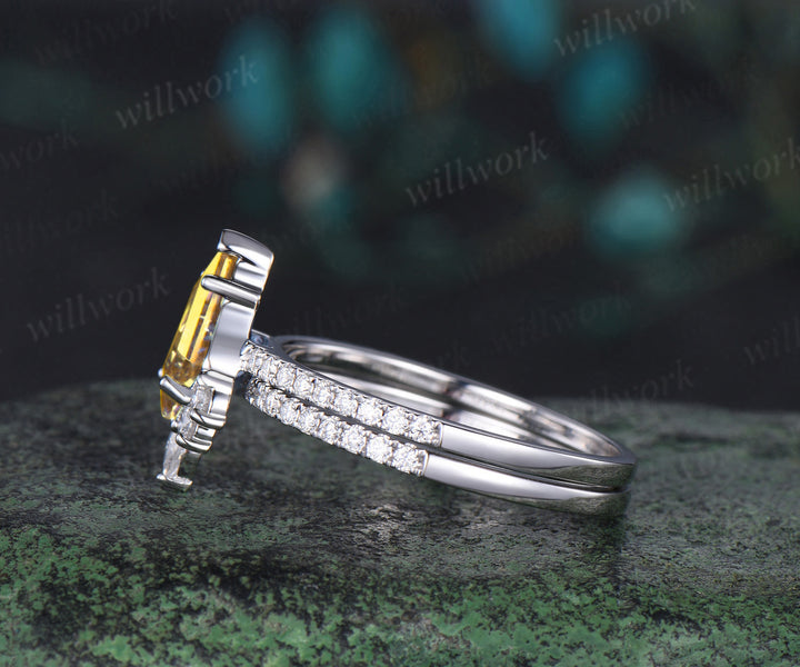 Unique kite cut yellow citrine engagement ring set women solid 14k white gold half eternity diamond bridal anniversary ring set gift