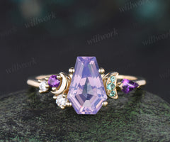 Unique coffion cut lavender amethyst ring kite shape amethyst emeralds moon cluster ring solid 14k yellow gold promise ring for women