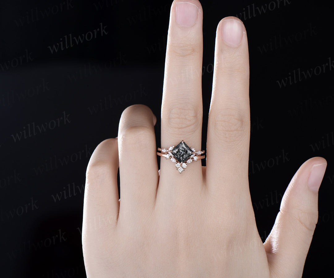 Princess cut black rutilated quartz engagement ring set solid 14k rose gold cluster marquise cut diamond wedding bridal ring set gift women