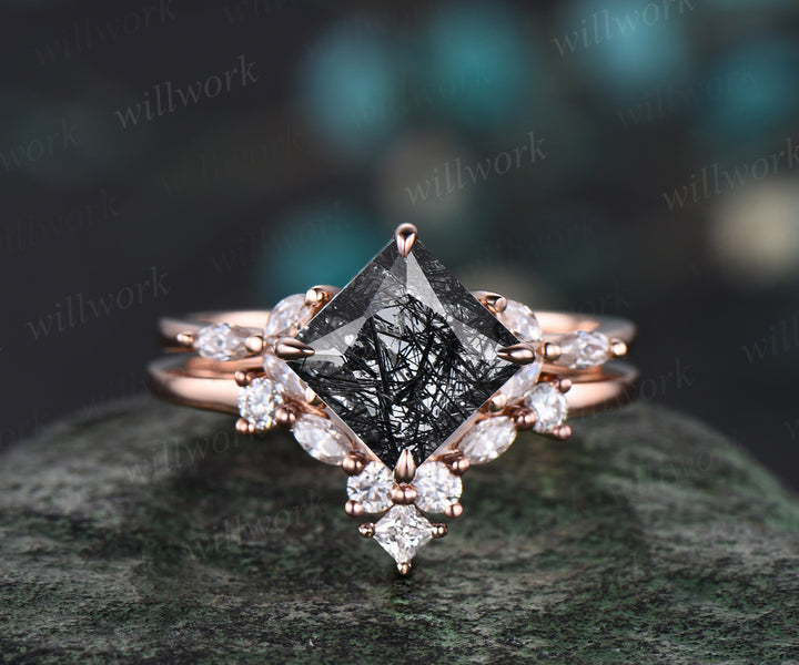 Princess cut black rutilated quartz engagement ring set solid 14k rose gold cluster marquise cut diamond wedding bridal ring set gift women