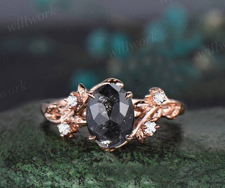 Vintage oval salt and pepper diamond engagement ring nature inspired leaf branch wedding band enhancer twisted bridal ring set