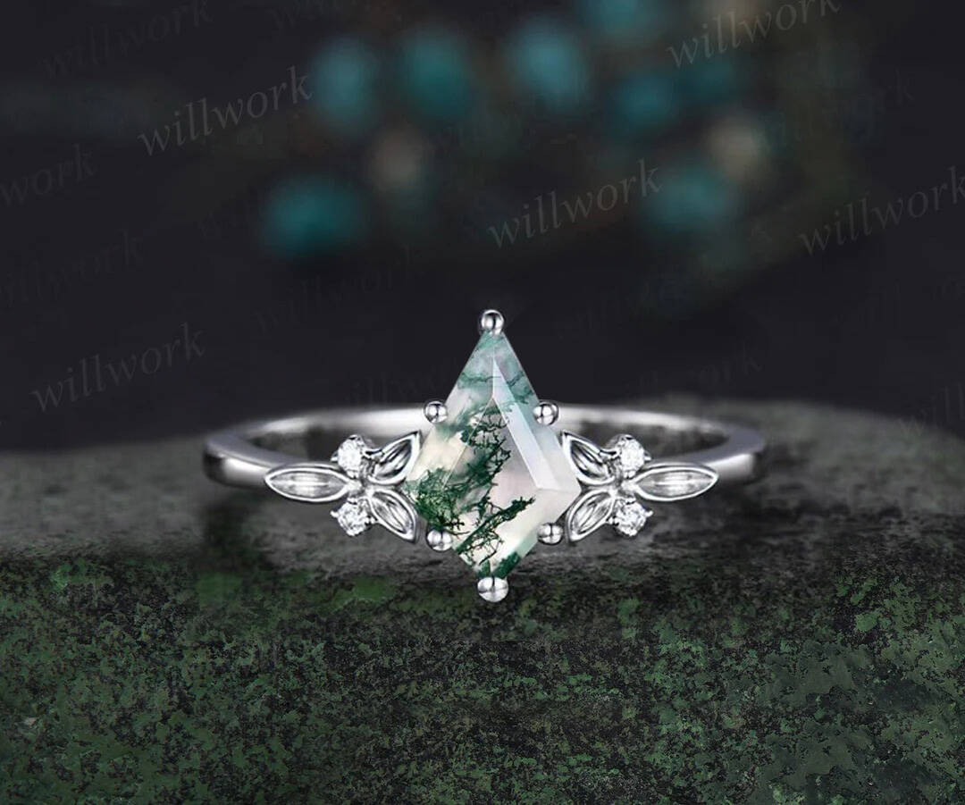 Kite cut green moss agate engagement ring solid 14k white gold leaf five stone heart moon opal ring women unique bridal wedding ring jewelry