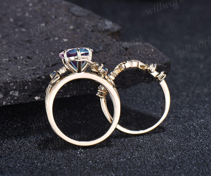 Fireworks Cut Alexandrite Ring Set Leafy Vine Art Deco Moon Ring Twig Diamond Alexandrite Matching Band Vintage Bridal Set