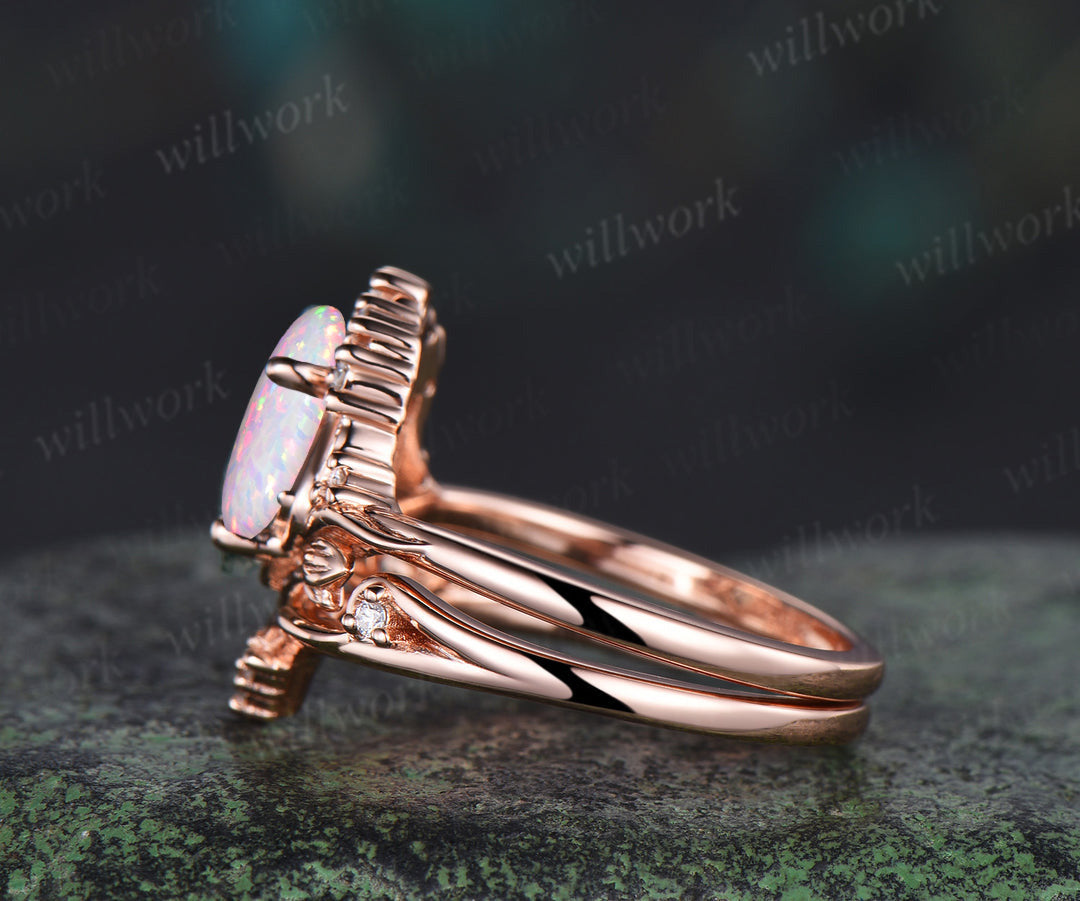 Kite Cut White Opal Leaf Ring Set Vintage Iris Engagement Ring for Women Diamond Unique Opal Promise Bridal Ring Set