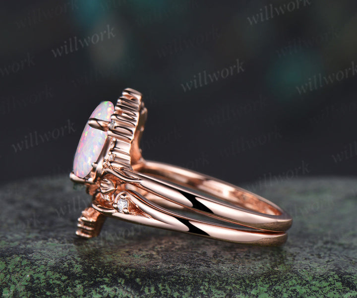 Kite Cut White Opal Leaf Ring Set Vintage Iris Engagement Ring for Women Diamond Unique Opal Promise Bridal Ring Set
