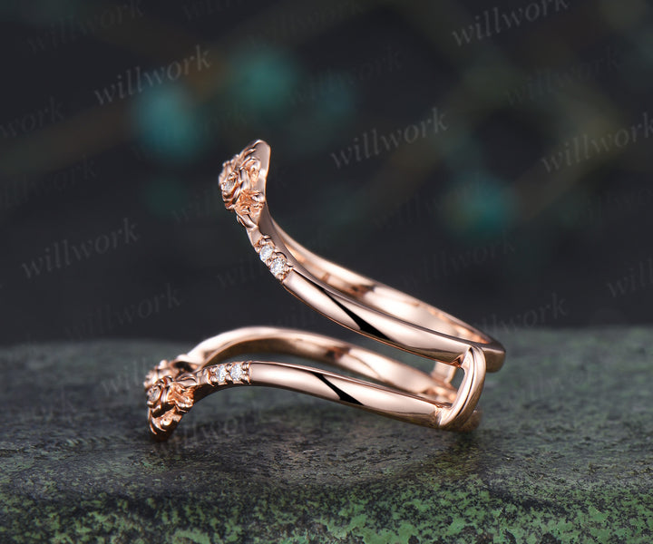 Dainty moissanite floral leaf wedding band double layered enhancer ring stacking ring