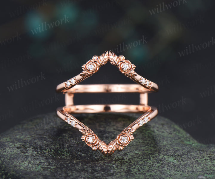 Dainty moissanite floral leaf wedding band double layered enhancer ring stacking ring