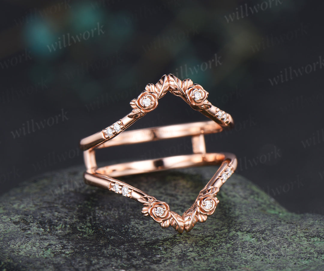 Dainty moissanite floral leaf wedding band double layered enhancer ring stacking ring