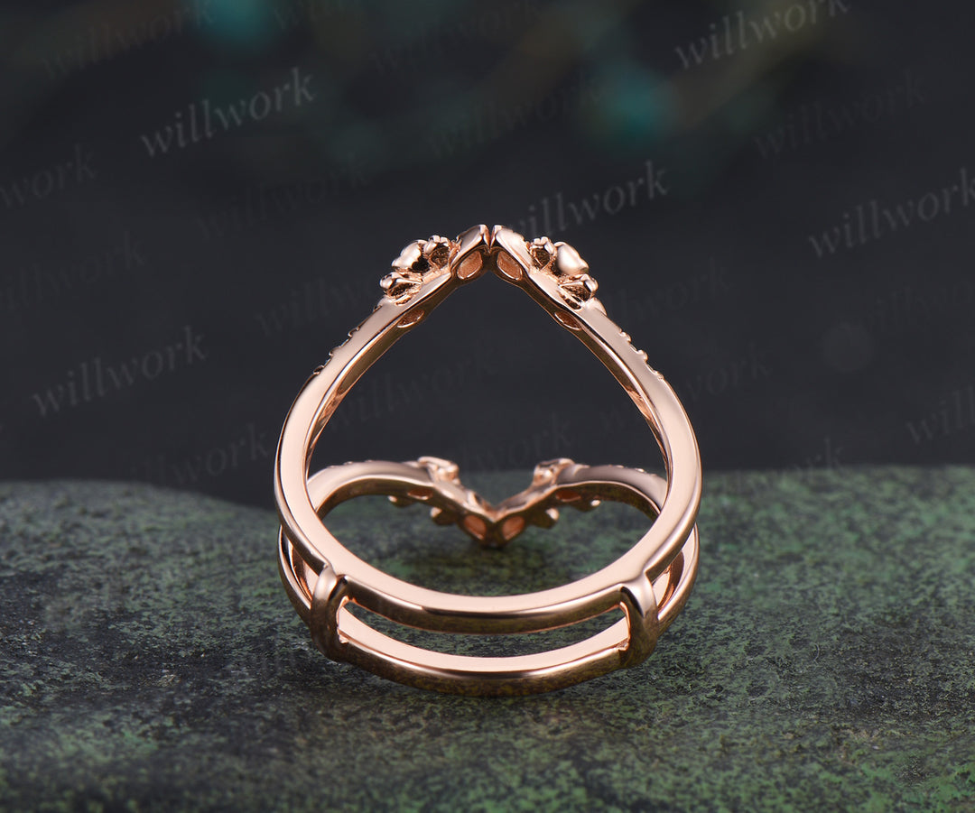 Dainty moissanite floral leaf wedding band double layered enhancer ring stacking ring