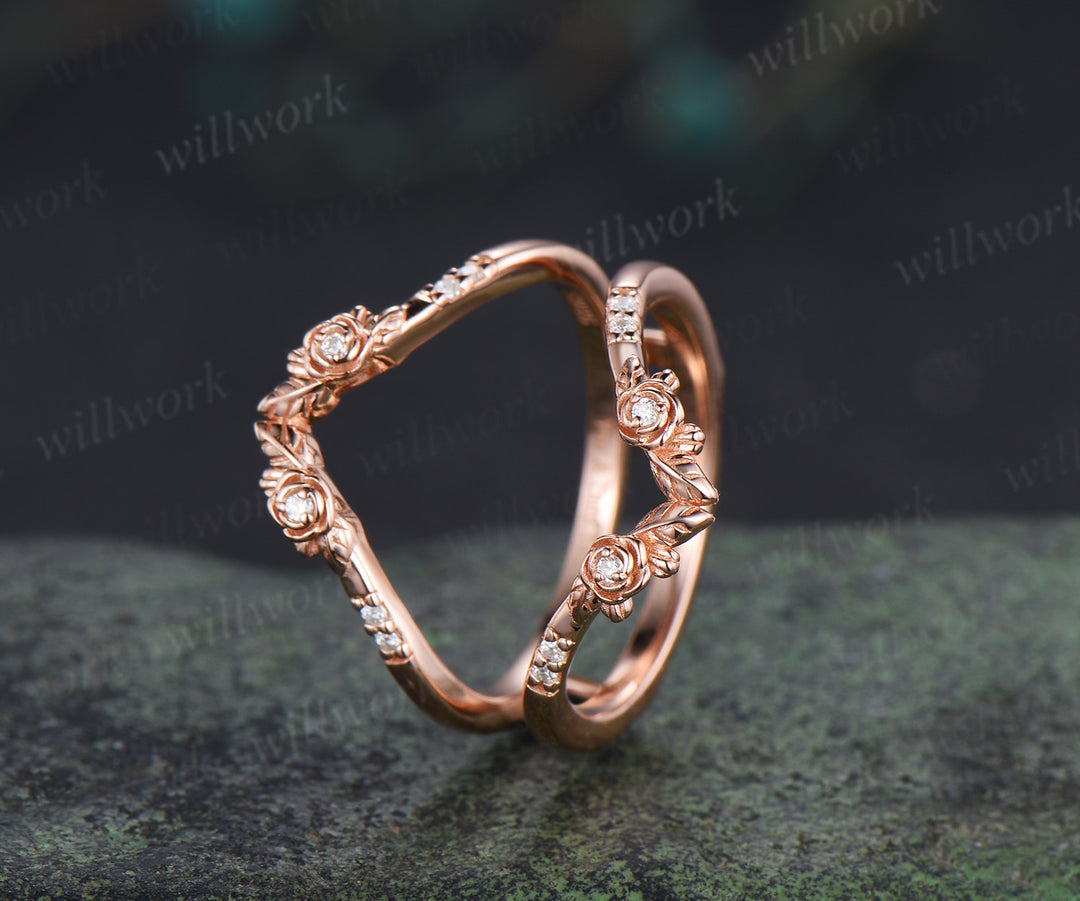 Dainty moissanite floral leaf wedding band double layered enhancer ring stacking ring