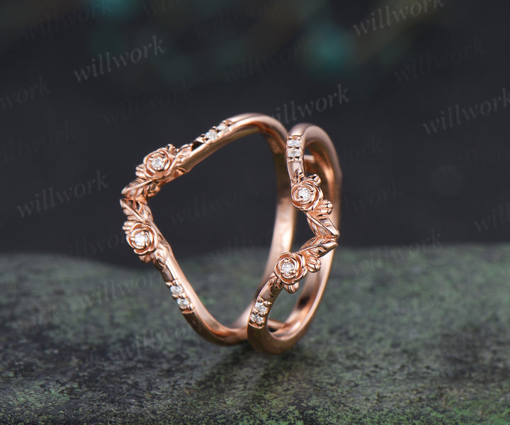 Dainty moissanite floral leaf wedding band double layered enhancer ring stacking ring