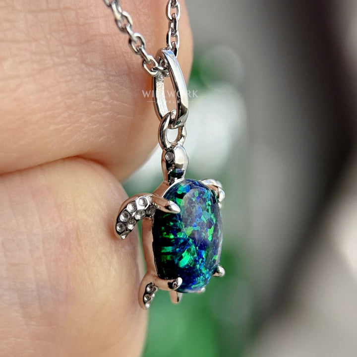 Oval Black Opal Turtle Necklace Cute Sea Turtle Pendant Jewelry Lovely Gift For Her