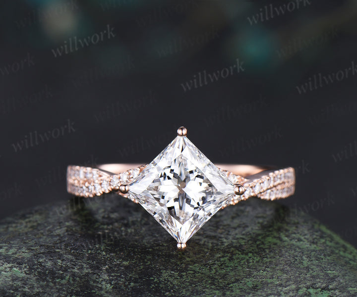 Princess cut lab-grown diamond engagement ring set rose gold twisted half eternity diamond-accented wedding ring