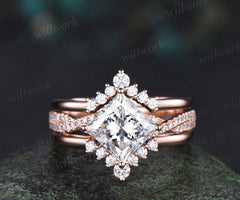 Princess cut lab-grown diamond engagement ring set rose gold twisted half eternity diamond-accented wedding ring