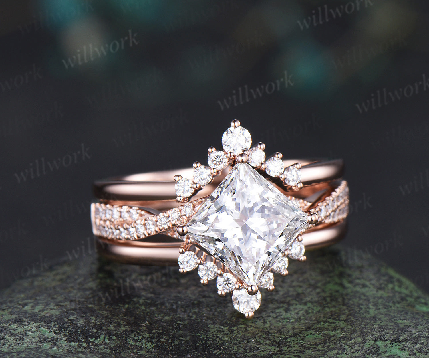 Princess cut lab-grown diamond engagement ring set rose gold