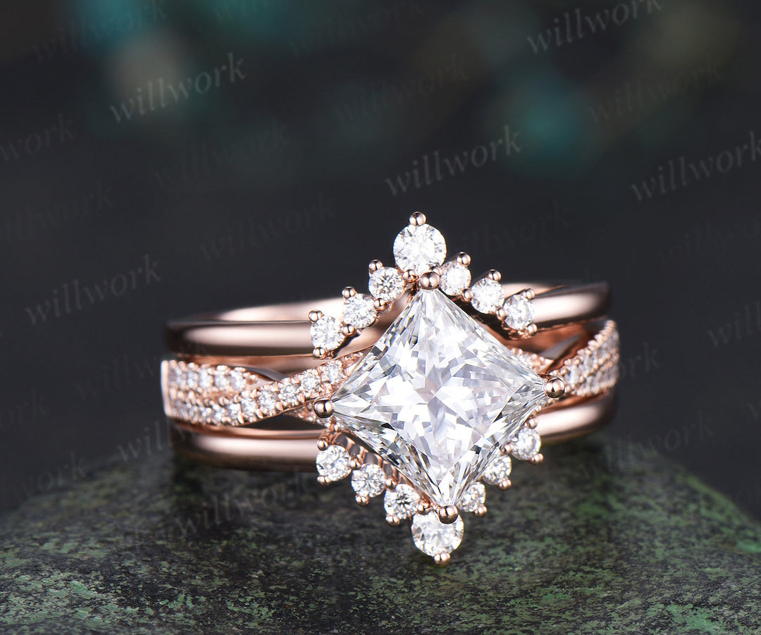 Princess cut lab-grown diamond engagement ring set rose gold twisted half eternity diamond-accented wedding ring