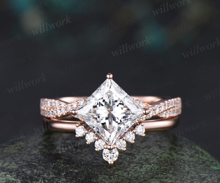 Princess cut lab-grown diamond engagement ring set rose gold twisted half eternity diamond-accented wedding ring