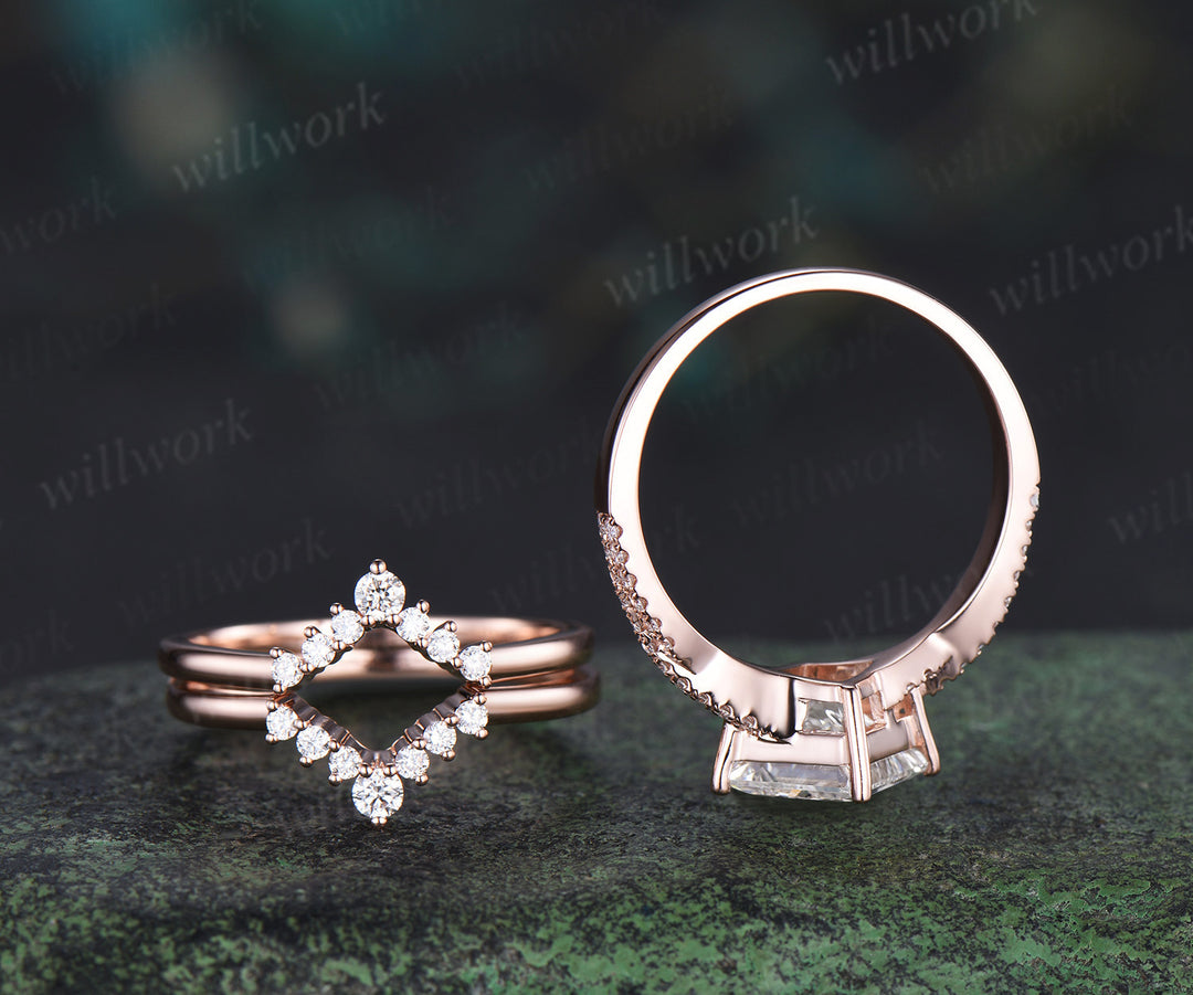 Princess cut lab-grown diamond engagement ring set rose gold twisted half eternity diamond-accented wedding ring