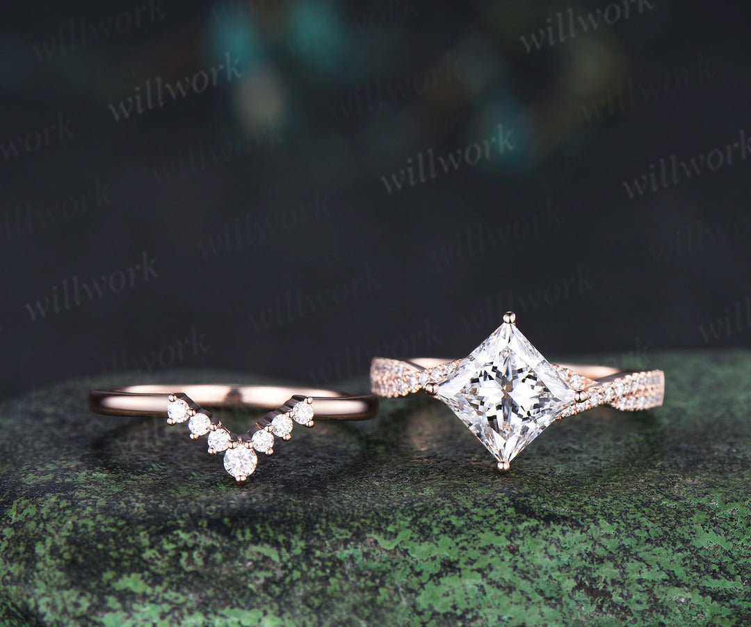 Princess cut lab-grown diamond engagement ring set rose gold twisted half eternity diamond-accented wedding ring
