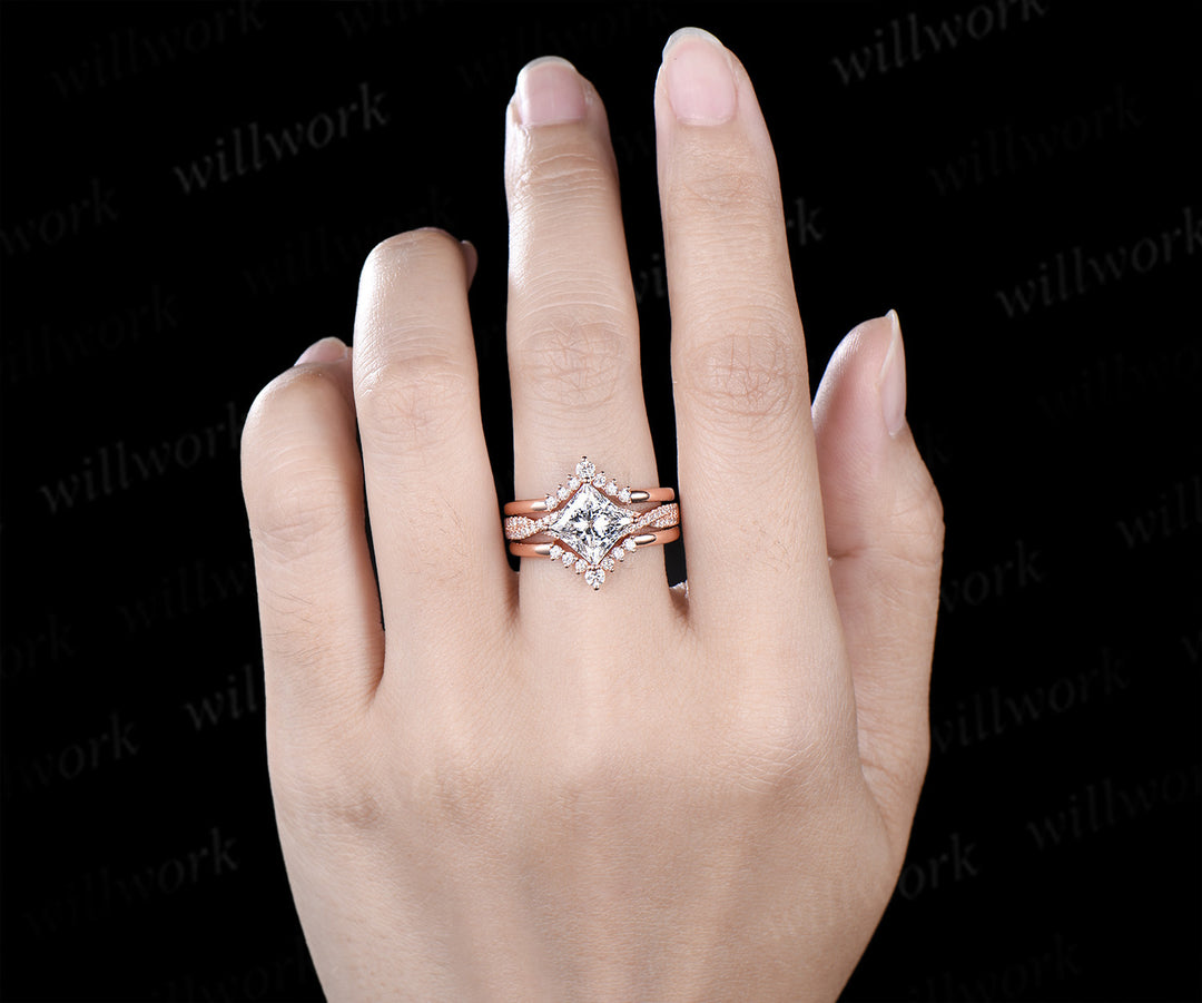 Princess cut lab-grown diamond engagement ring set rose gold twisted half eternity diamond-accented wedding ring