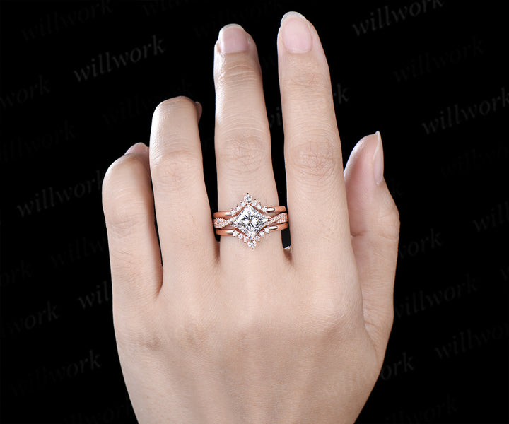 Princess cut lab-grown diamond engagement ring set rose gold twisted half eternity diamond-accented wedding ring