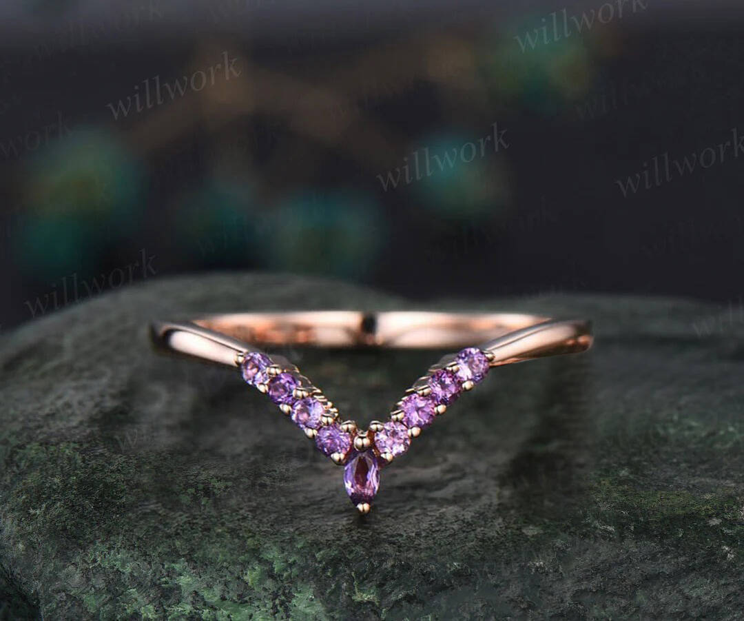 Long hexagon cut Amethyst engagement ring set three stone 14k rose gold amethyst wedding band moissanite anniversary ring set for women gift