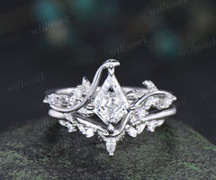 Kite cut IGI lab grown diamond leaf engagement ring set solid 14k 18k white gold nature inspired promise ring women