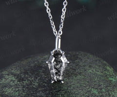 Vintage Coffin black rutilated quartz pendant necklace solitaire kite shape crystal charm necklace white gold pendant Halloween jewelry