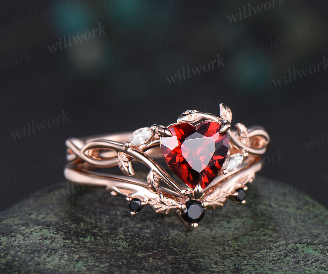 Heart red garnet engagement ring set leaf infinity 14k rose gold nature inspired art deco bridal set jewelry