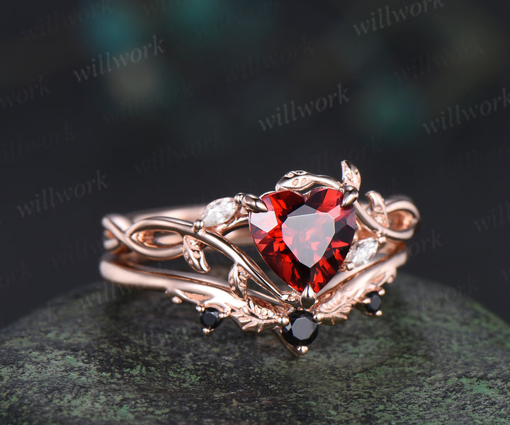 Heart red garnet engagement ring set leaf infinity 14k rose gold nature inspired art deco bridal set jewelry