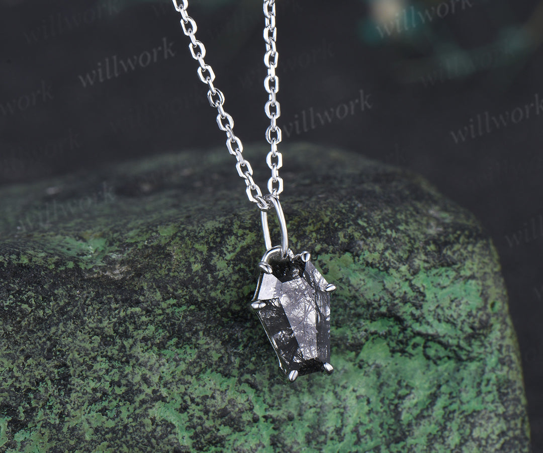 Vintage Coffin black rutilated quartz pendant necklace solitaire kite shape crystal charm necklace white gold pendant Halloween jewelry