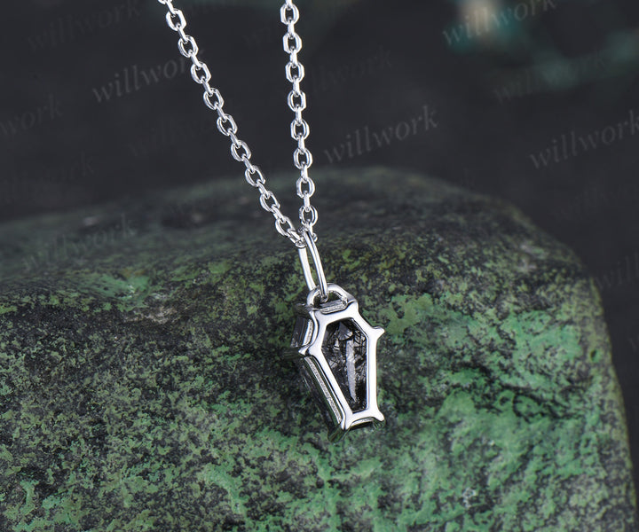 Vintage Coffin black rutilated quartz pendant necklace solitaire kite shape crystal charm necklace white gold pendant Halloween jewelry