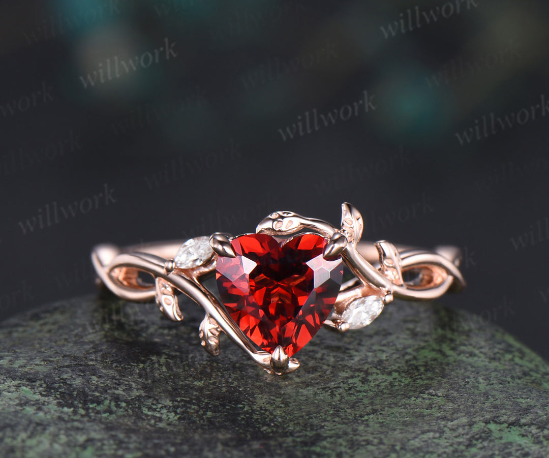 Heart red garnet engagement ring set leaf infinity 14k rose gold nature inspired art deco bridal set jewelry