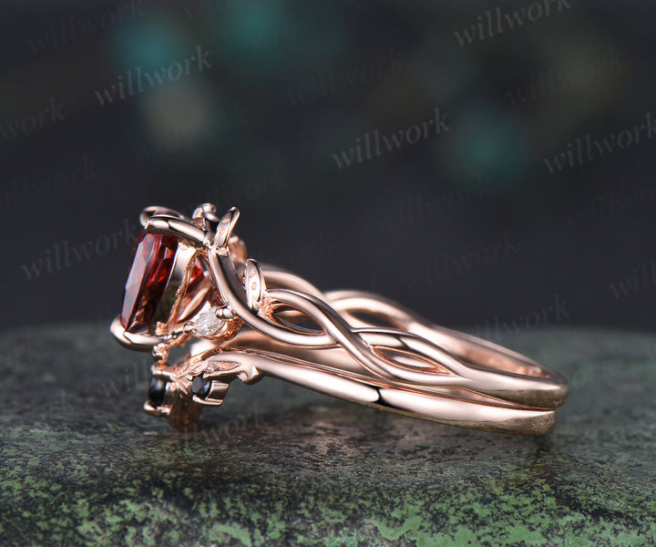 Heart red garnet engagement ring set leaf infinity 14k rose gold nature inspired art deco bridal set jewelry