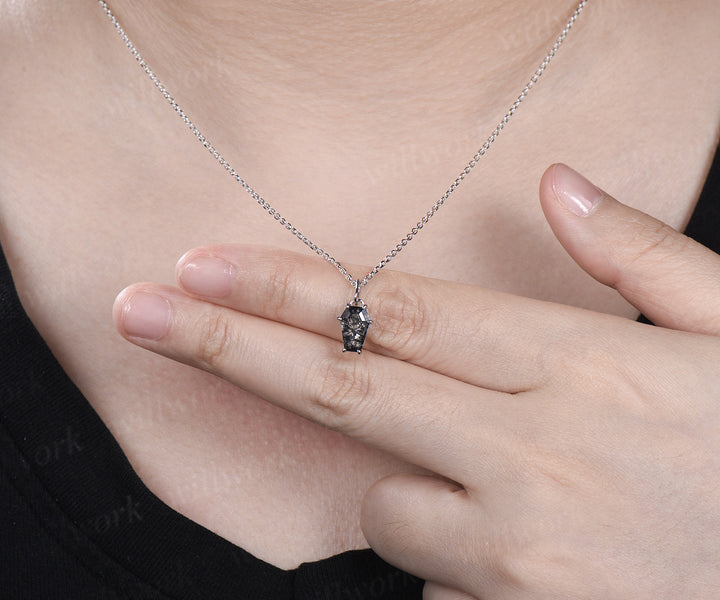 Vintage Coffin black rutilated quartz pendant necklace solitaire kite shape crystal charm necklace white gold pendant Halloween jewelry