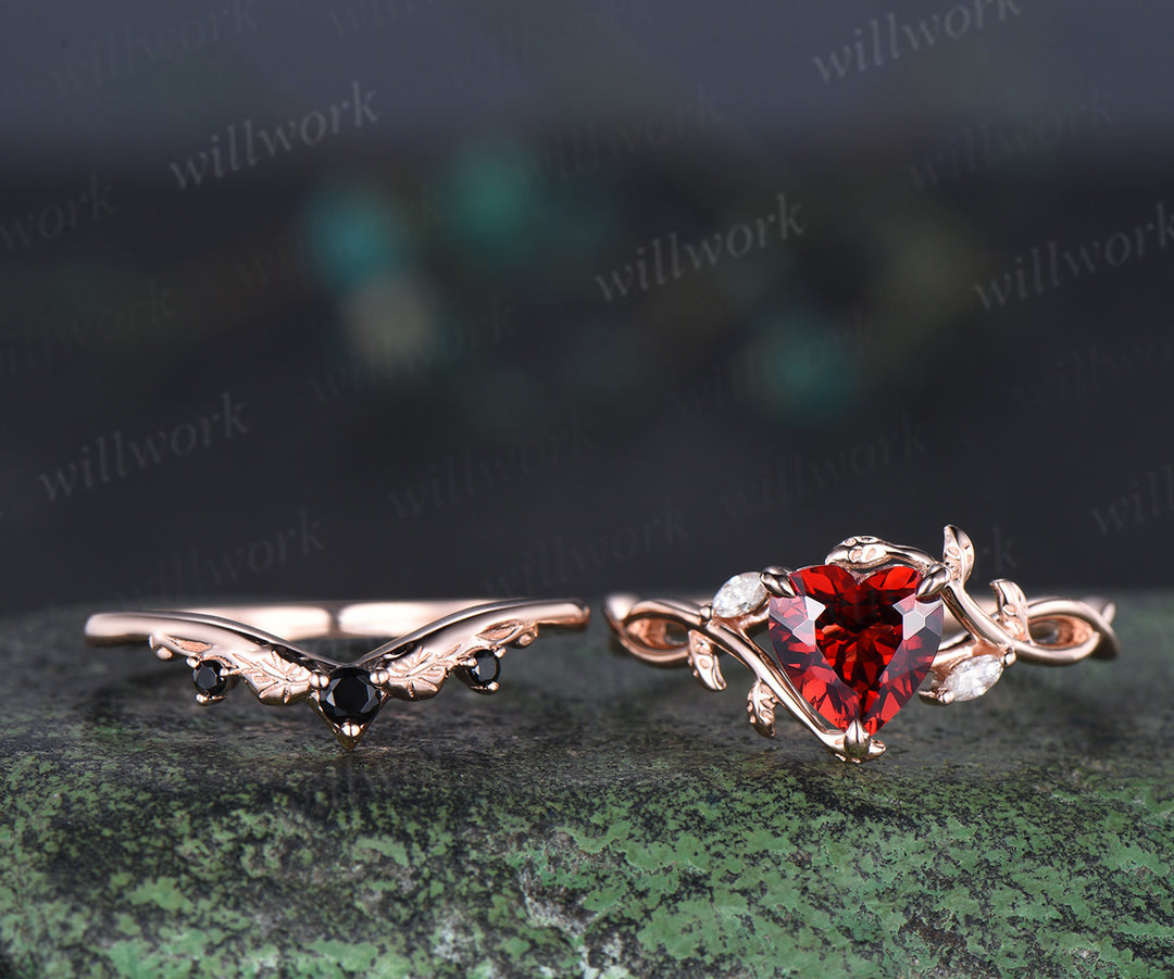 Heart red garnet engagement ring set leaf infinity 14k rose gold nature inspired art deco bridal set jewelry