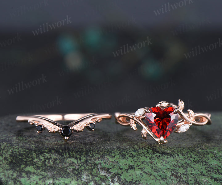 Heart red garnet engagement ring set leaf infinity 14k rose gold nature inspired art deco bridal set jewelry