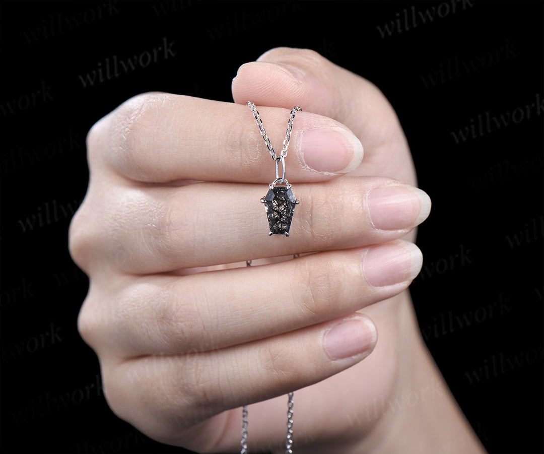 Vintage Coffin black rutilated quartz pendant necklace solitaire kite shape crystal charm necklace white gold pendant Halloween jewelry