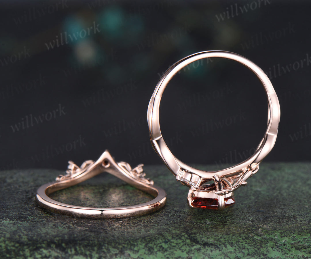 Heart red garnet engagement ring set leaf infinity 14k rose gold nature inspired art deco bridal set jewelry