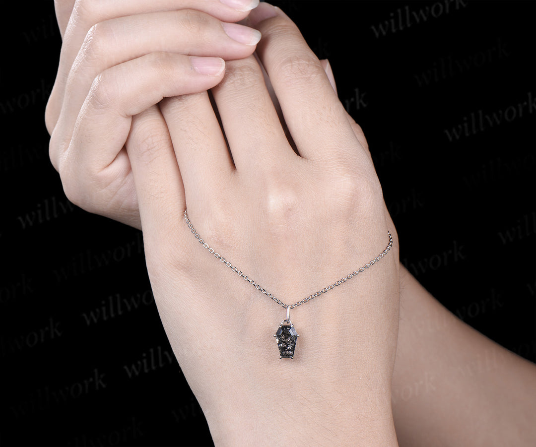 Vintage Coffin black rutilated quartz pendant necklace solitaire kite shape crystal charm necklace white gold pendant Halloween jewelry