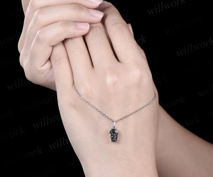 Vintage Coffin black rutilated quartz pendant necklace solitaire kite shape crystal charm necklace white gold pendant Halloween jewelry