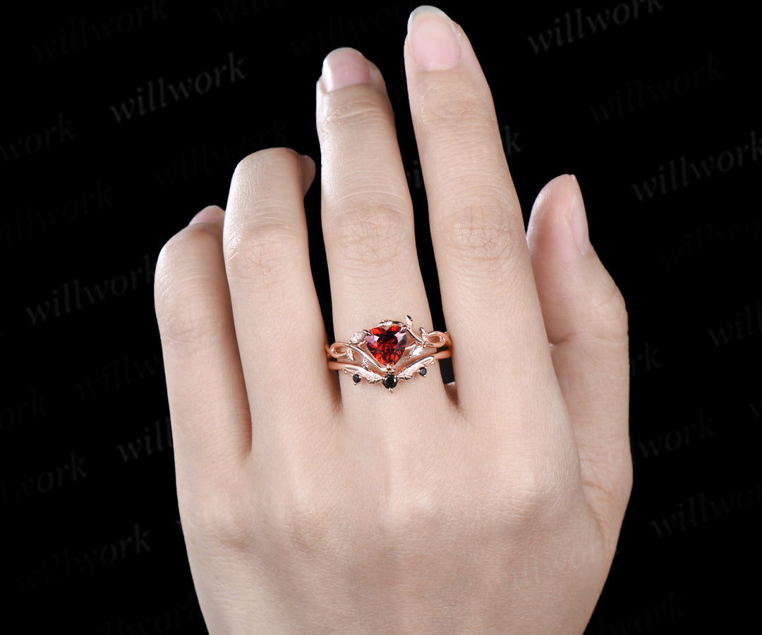 Heart red garnet engagement ring set leaf infinity 14k rose gold nature inspired art deco bridal set jewelry