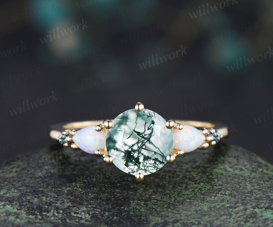 3pcs round cut natural moss agate engagement ring set opal alexandrite 14k yellow gold bridal ring set women