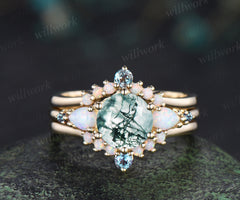 3pcs round cut natural moss agate engagement ring set opal alexandrite 14k yellow gold bridal ring set women