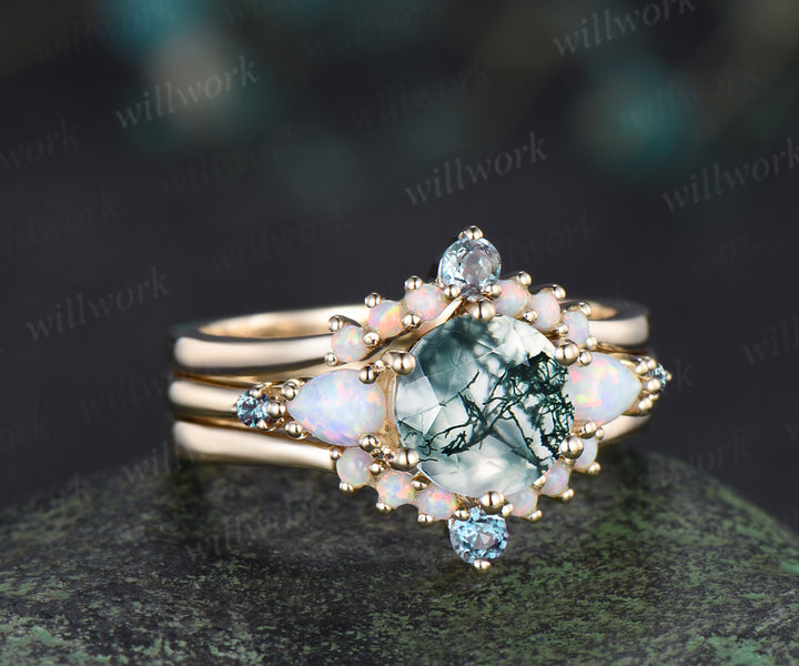3pcs round cut natural moss agate engagement ring set opal alexandrite 14k yellow gold bridal ring set women