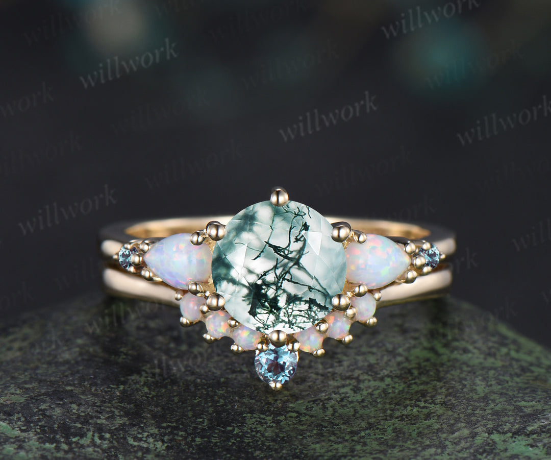 3pcs round cut natural moss agate engagement ring set opal alexandrite 14k yellow gold bridal ring set women