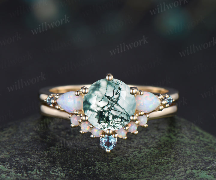 3pcs round cut natural moss agate engagement ring set opal alexandrite 14k yellow gold bridal ring set women