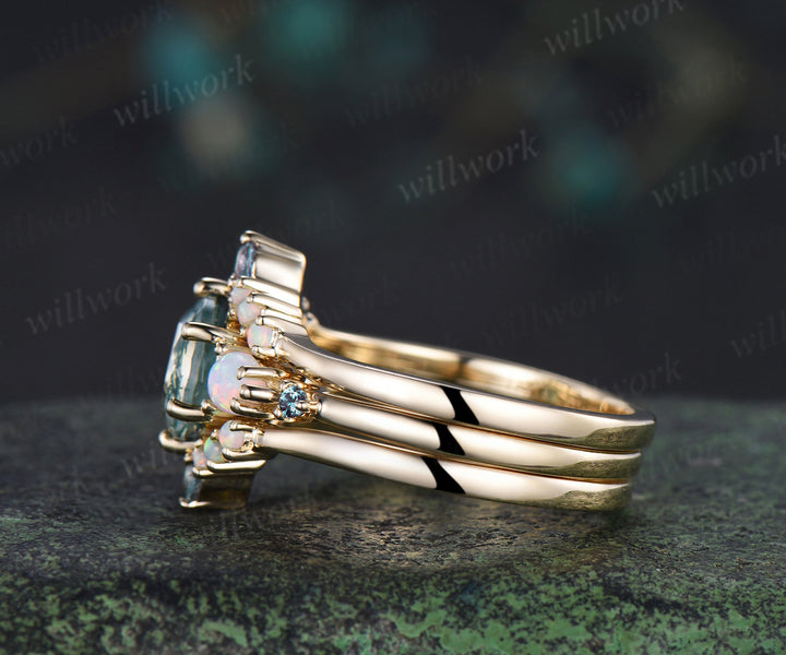 3pcs round cut natural moss agate engagement ring set opal alexandrite 14k yellow gold bridal ring set women