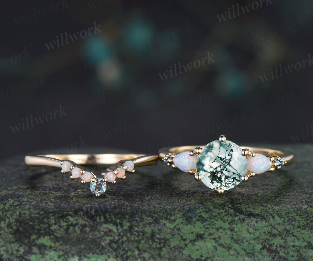 3pcs round cut natural moss agate engagement ring set opal alexandrite 14k yellow gold bridal ring set women