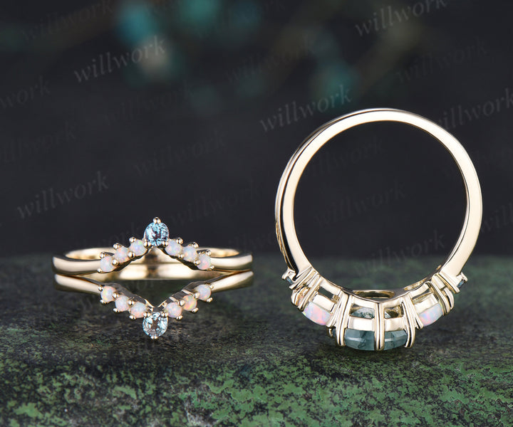 3pcs round cut natural moss agate engagement ring set opal alexandrite 14k yellow gold bridal ring set women